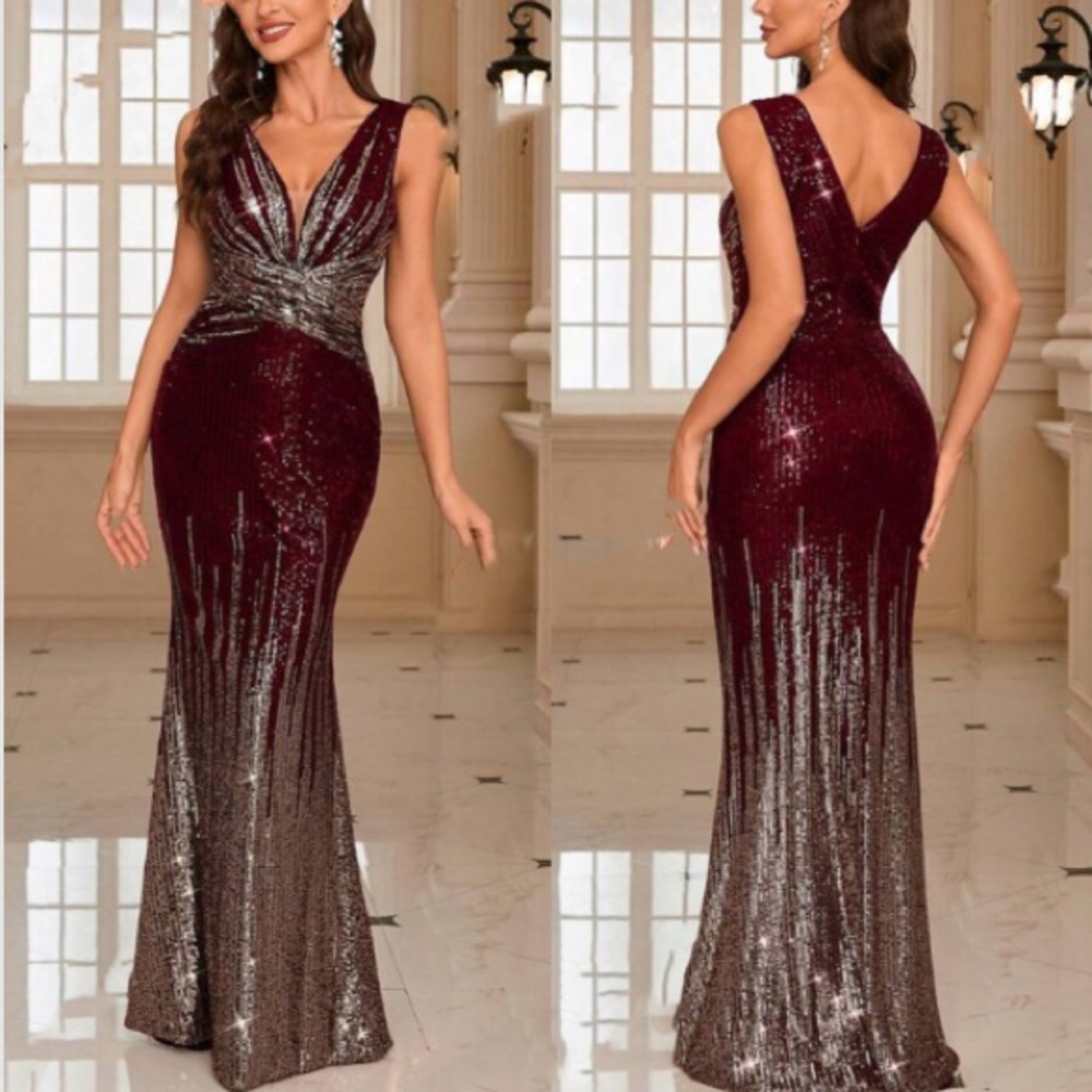 Luxe V neck party formal evening sequins gown dress